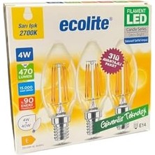 Wheat Grains Global Store 4W LED Filament Mum Ampul, E14 Duy, 2700K Sarı Işık, 470 Lümen, Şeffaf Cam, Akkor Görünümlü Dekoratif Lamba, 3'lü Paket