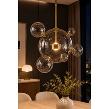 Mars Concept Modern Bubble LED Sarkıt Avize │ Altın Detaylı Şeffaf Cam Küre Bubble Yemek Odası & Salon Avizesi 50CM