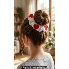 Bodrum Asel Kırmızı Kalp Figürlü Beyaz Scrunchie Simit Toka - El Yapımı Şık Topuz Aksesuarı - Kadın ve Kız Çocuk Için