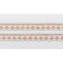 Bodrum Asel El Emeği Tığ Işi Dantel Şerit - Somon Pembe ve Beyaz Motifli (50 Cm)