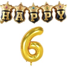 Parti Sürprizi Gold Taçlı Birleşik Happy 6 Yaş Folyo Balon Set
