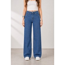 Lighter Jeans Kadın Orta Mavi Yüksek Bel Straight Fit Wide Leg Jean Pantolon Rahat Kalıp Likralı Denimkot