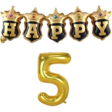 Parti Sürprizi Gold Taçlı Birleşik Happy 5 Yaş Folyo Balon Set