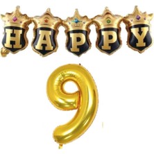 Parti Sürprizi Gold Taçlı Birleşik Happy 9 Yaş Folyo Balon Set