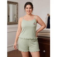 Asel Tekstil Büyük Beden Askılı Şortlu Likralı Pamuklu Kumaş Pijama Takım