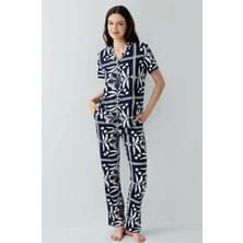 Dream Fashion Kadın Gömlek Yaka Lacivert Pijama Takımı