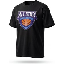 Arda Ege Erkek Siyah Oversize All Star Basketball Baskılı Bisiklet Yaka Tişört