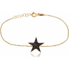 Emiliano Jewellery Emılıano Jewellery Siyah Taşlı Altın Kaplama Yıldız Desenli Gümüş Bileklik