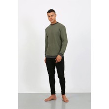 Moda Erkek Uzun Kol Manşetli Paça Penye Pijama Takımı Haki Beruflic