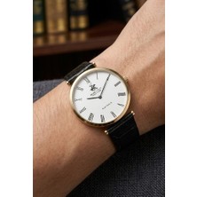 Beverly Hills Polo Club Altın Yuvarlak Kasa Erkek Kol Saati | 39 mm Çelik Kasa, Siyah Deri Kordon, Beyaz Kadran