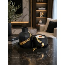 Nox Atelier Siyah Gold Varaklı Dekoratif Vazo ve Ahşap Fitilli Mum Seti – Modern Lüks Salon Dekoru, Tepsili 3'lü Set