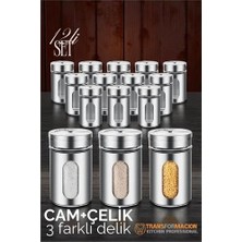 zenviaa Cam+çelik Tuzluk Biberlik Karabiberlik 3 Farklı Delikli 12 Li Set 721946 zenviaa365423