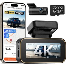 70MAI A810 Lite Dashcam Ön Arka, 4K Dashcam 2160P+1080P, 64GB Kartlı, 24 Saat Park Izleme, 4g Lte Uzaktan Erişim Destekli, Acil Durum Ön Kayıt, G-Sensor, Gece Görüşü Hdr, F1.55, 5ghz Wifi