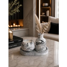 Nox Atelier Mermer Desenli Dekoratif Vazo ve Mumluk Seti – Modern Salon Dekoru, Tepsili 3'lü Tasarım
