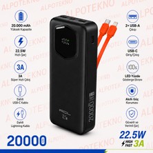 Alpotekno Acl PW-140 20000MAH Powerbank Dahili Usb-C ve Lightning Kablolu 22.5W Hızlı Şarj 3A Çıkışlı Taşınabilir Şarj Cihazı Siyah