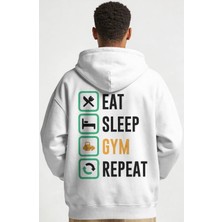 Sevbano Eat Sleep Gym Repeat Fitness Gym Bodybuilding Sporcu Sırt Baskılı Unisex Oversize Penye Hoodie