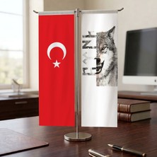 Punto Dizayn Göktürkçe "Türk" Bozkurt ve Türk Bayrağı Kırlangıç T tipi Masa Bayrak Takımı