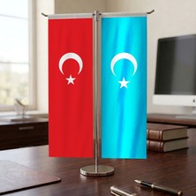 Punto Dizayn Doğu Türkistan Bayrağı ve Türkiye Bayrağı Kırlangıç T tipi Masa Bayrak Takımı