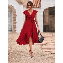 Alyn Wear Kadın Kısa Kollu Yakası Fırfırlı Kruvaze Yakalı Belden Kuşaklı Midi Janjan Krep Elbise