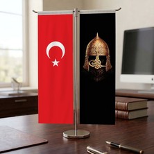 Punto Dizayn Fatih Sultan Mehmed Han Miğferi ve Türk Bayrağı Kırlangıç T tipi Masa Bayrak Takımı