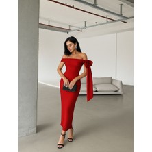 Civetta Kadın Omuz Dekolte Kurdele Detay Uzun Krep Elbise