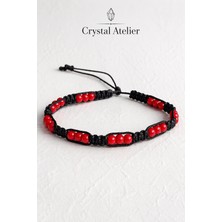 Crystal Atelier Siyah Kırmızı Boncuklu Makrome Ip Bileklik Unisex Ayarlanabilir El Yapımı