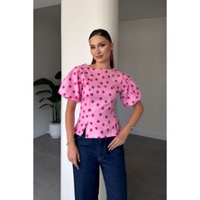 Magarde Balon Kol Puantiyeli Bluz- Pembe