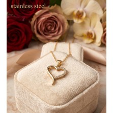 Stainless Steel Gold Renk Beyaz Zirkon Taşlı Kalp Model Çelik Kolye