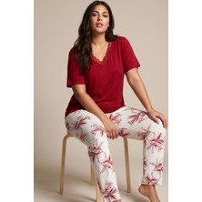 Siyah İnci Bordo Desenli Büyük Beden Battal Boy Viskon Örme Pijama Takım