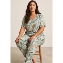 Siyah İnci Yeşil Desenli Büyük Beden Battal Boy Viskon Örme Pijama Takım