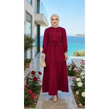 Harma Time Butik Kadın Dantel Detaylı Beli Bağcıklı Ayrobin Bordo Elbise