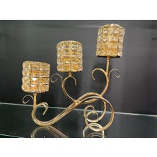Volix Dizayn Lüks Kristal Taşlı 3’lü Şamdan Mumluk Gold Metal Gövdeli Dekoratif Masa Üstü Salon Yemek Masası Aksesuarı