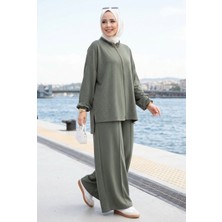 ZNK Taşlı Fermuarlı Tunik Pantolon İkili Takım Haki