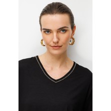Desen Triko Kadın V Yaka Yaka Kenarı Zincirli Penye T-Shirt 26707-SIYAH
