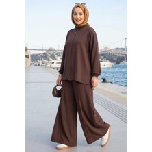 ZNK Taşlı Fermuarlı Tunik Pantolon İkili Takım Kahve