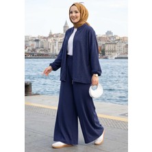 ZNK Taşlı Fermuarlı Tunik Pantolon Ikili Takım Lacivert