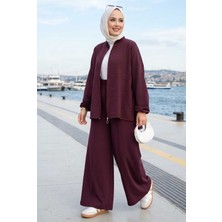 ZNK Taşlı Fermuarlı Tunik Pantolon Ikili Takım Mürdüm