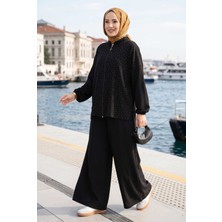 ZNK Taşlı Fermuarlı Tunik Pantolon Ikili Takım Siyah