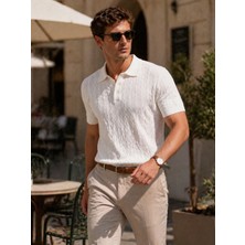 Polo State Erkek Ekru Saç Örgü Desenli Triko Polo Tişört