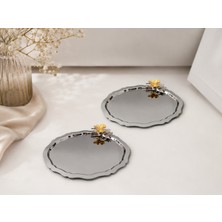 Sunvera Çelik Paslanmaz Çelik Kelebek Aksesuarlı Oval Çay Kahve  Söz Nişan  Sunumluk Tepsi 20*25 6lı