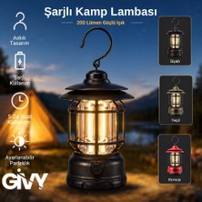 Givy Şarjlı Kamp Lambası 200 Lümen | Type-C Şarjlı | Ayarlanabilir Işık Seviyesi | Suya Dayanıklı