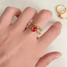 OkkoStore Kadın Çift Sıralı Kalp Detaylı Ayarlanabilir Yüzük