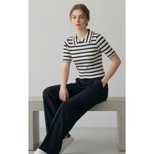Blouse Polo Yaka Çizgili Kısa Kollu Örme Bluz