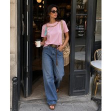 Budan Export Kadın Yaka Aksesuar Detaylı Bisiklet Yaka Kısa Kol Modal Bluz T-Shirt