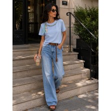 Budan Export Kadın Yaka Aksesuar Detaylı Bisiklet Yaka Kısa Kol Modal Bluz T-Shirt