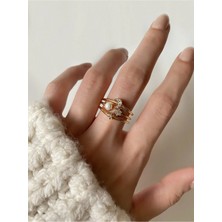OkkoStore Kadın Gold Ayarlanabilir Ay Detaylı Taşlı Yüzük