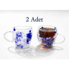 Zürih Collection Kurutulmuş Canlı Çiçekli 2 Adet Çift Cidarlı Çay Kahve Kupası Mavi Beyaz Ortanca Çiçeği Hediyelik 250 ml