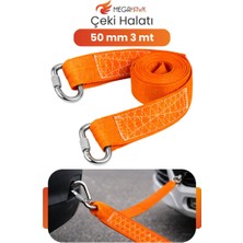 MEGAHAWK Çeki Halatı 50 mm 3 Metre Turuncu Kancalı Araç Çekme Halatı Dayanıklı Oto Halat