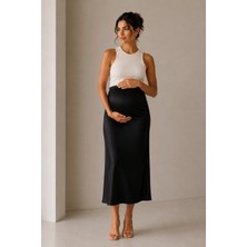 Luvmabelly MYRA9036 Şık Tasarımlı Saten Etek - Siyah Yumuşak Kumaş ve Rahat Kesim