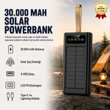 Hızlı Store Solar 30.000MAH Powerbank Dijital Göstergeli, 4 USB Çıkışlı, Dahili Type-C ve Lightning Kablolu Powerbank